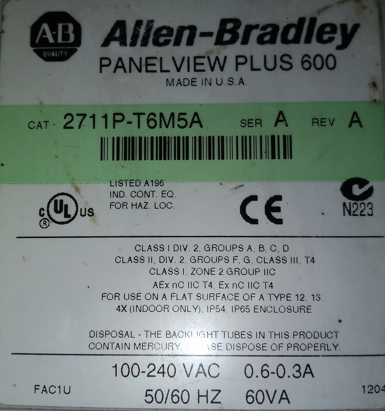 ALLEN BRADLEY PANEL VIEW PLUS 2711P-T6M5A