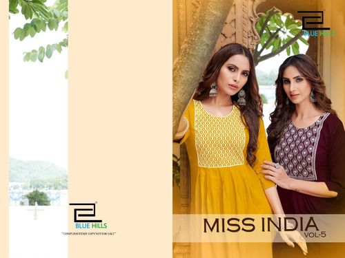 Miss India Vol-5 Rayon Kurti - LIVA Certified 14KG Fabric, Nayra Cut with Elegant Neck Thread Work, Sizes M to 10XL, Washable, Versatile for All Seasons