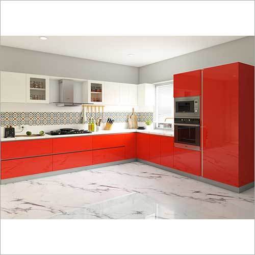 Glossy Red Laminate L Shape Kitchen