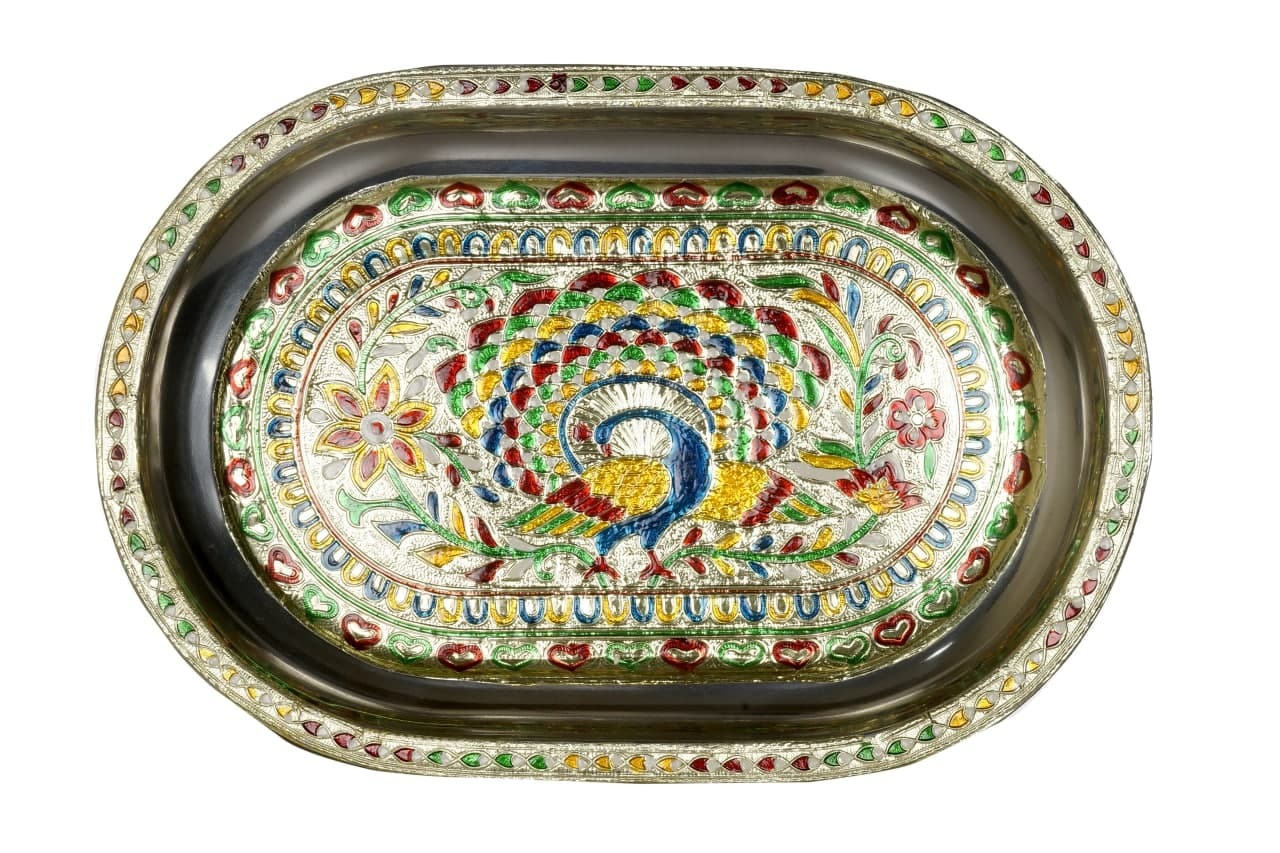 CRAFT DESIGNER PEACOCK TRAY STAINLESS STEEL SILVER MEENAKARI