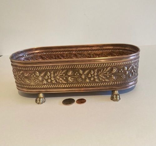 BRASS COPPER FLORAL ENGRAVED FOOTED PLANTER