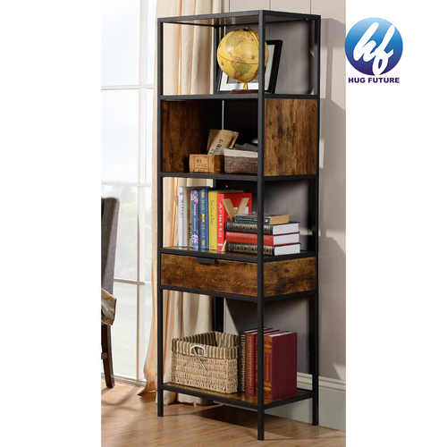 Living Room Office Industrial Design Rustic Black Iron wood Ladder Book shelf Standing Bookcase with storage drawer
