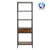 Living Room Office Industrial Design Rustic Black Iron wood Ladder Book shelf Standing Bookcase with storage drawer
