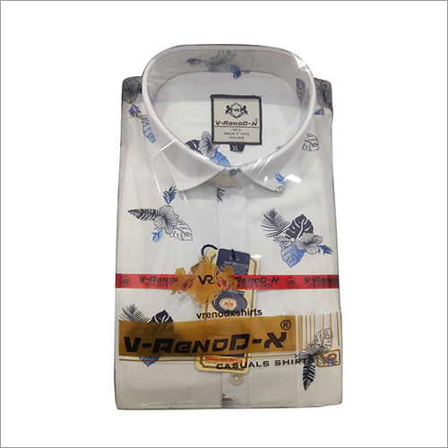 Washable Mens White Cotton Printed Shirt