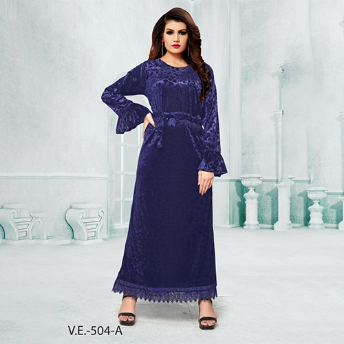 Blue Full Sleeves Velvet Gown With Print By BANDC INTERNATIONAL PVT LTD