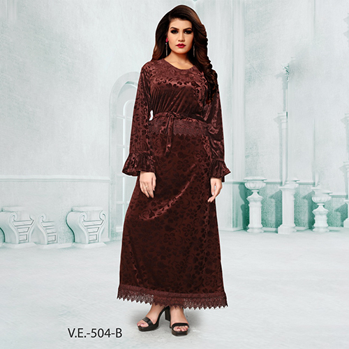 Brown Full Sleeves Velvet Gown With Print