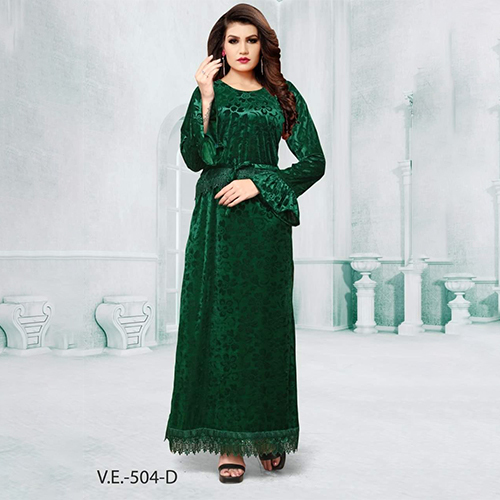 Green Full Sleeves Velvet Gown With Print