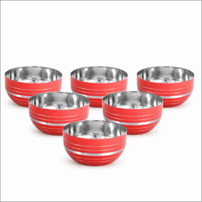 Stainless Steel Red Colored Silver Lining Bowl Set By KING INTERNATIONAL