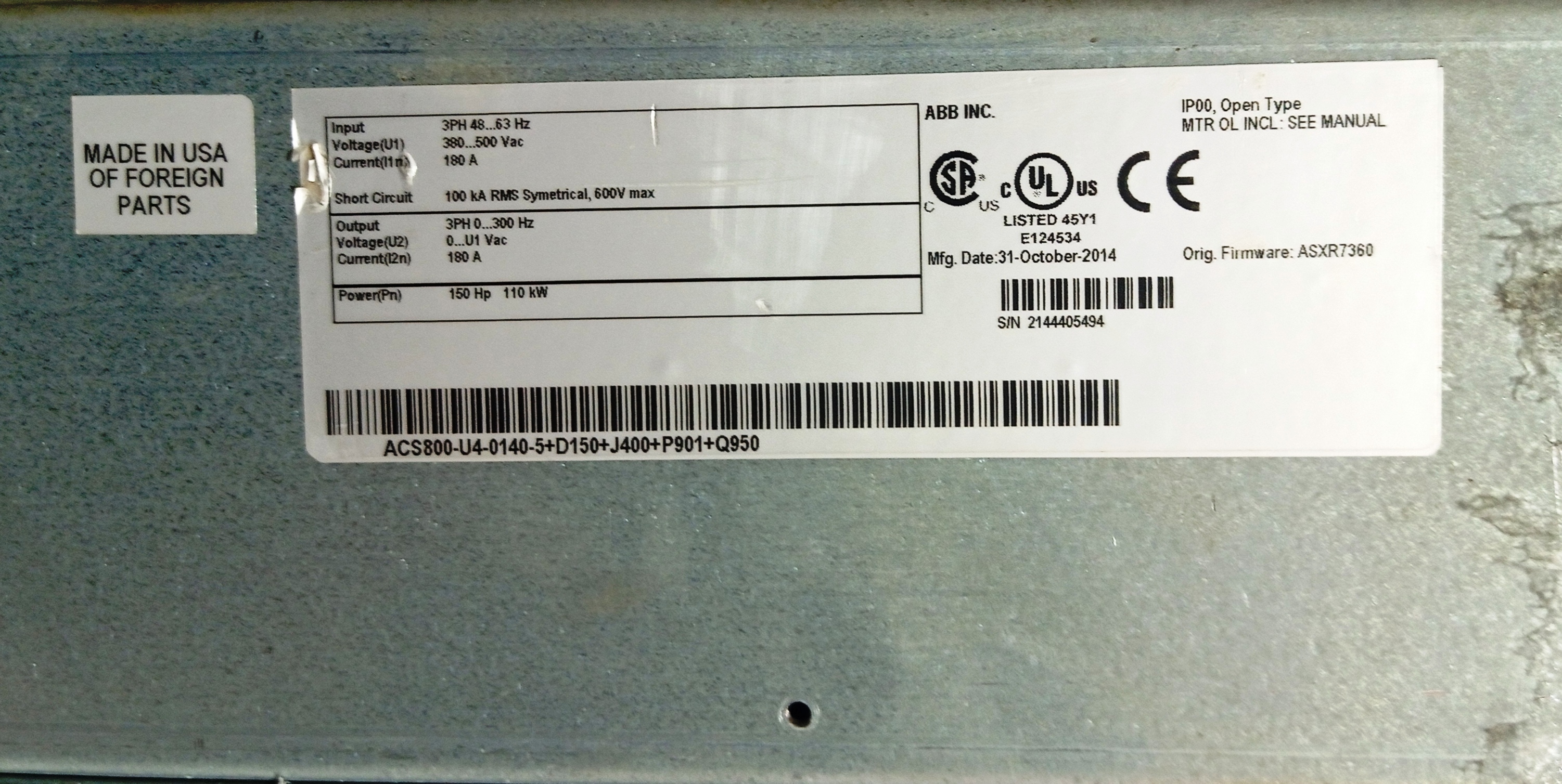 ABB ACS 800 150 HP AC DRIVE