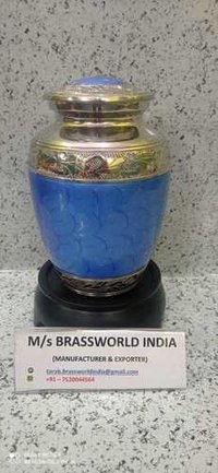 Brass Blue With Silver Engraved Cremation Urn - Solid Brass, 10x6 Inches, Threaded Lid | Hand Engraved Floral Design, Corrosion Resistant, Velvet Bag Included