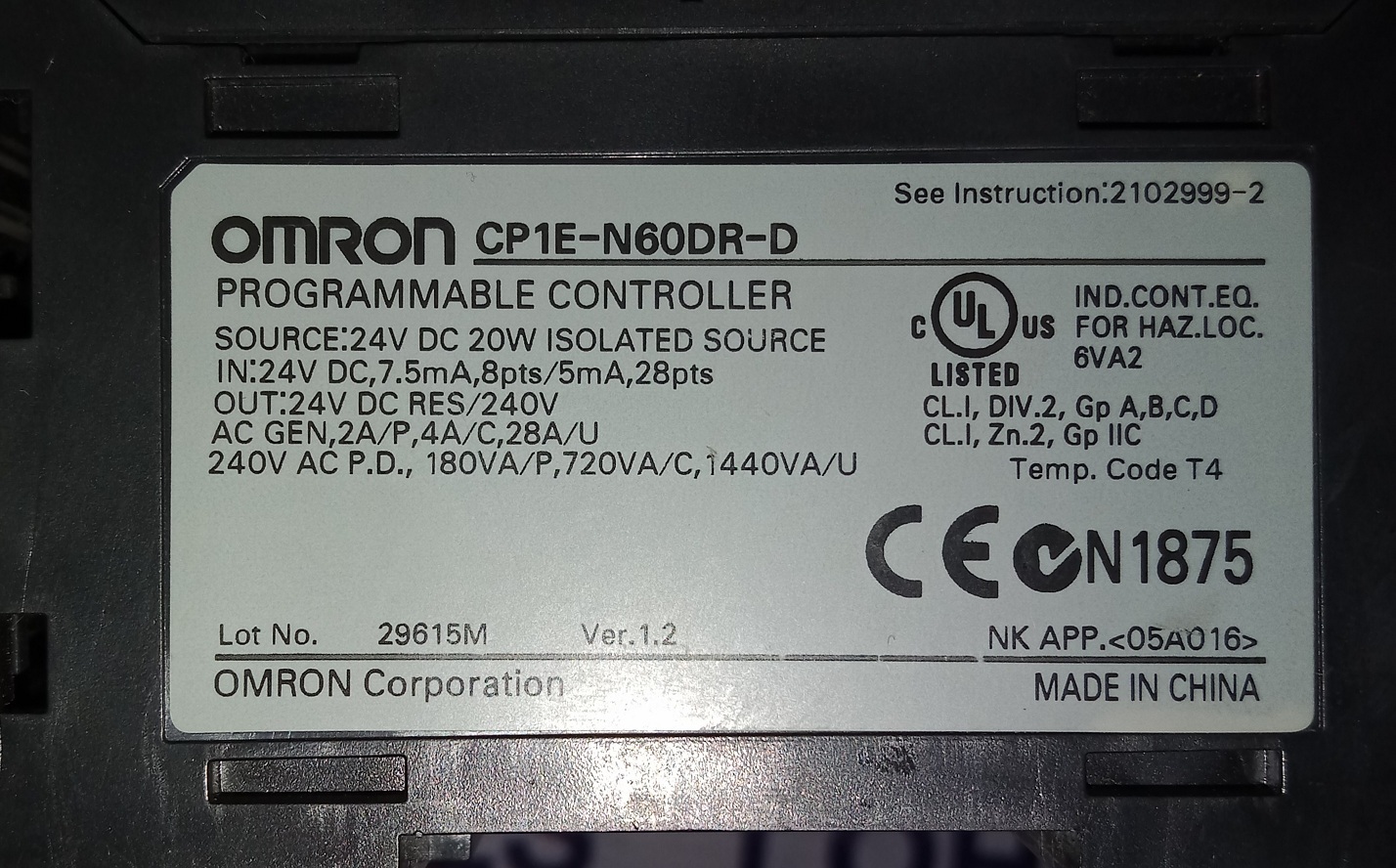 OMRON PROGRAMMABLE CONTROLLER CP1E-N60DR-D