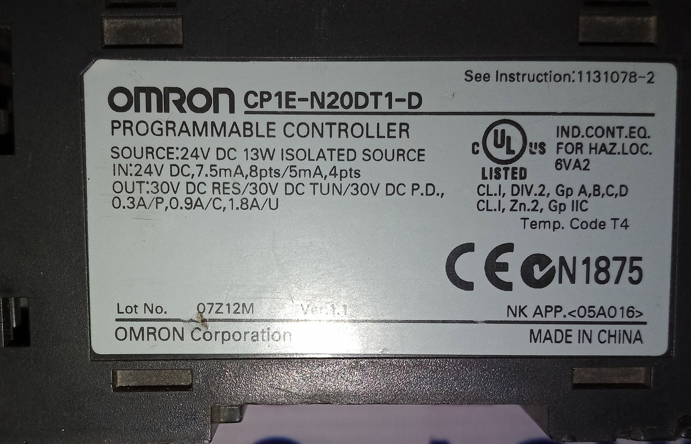 OMRON PROGRAMMABLE CONTROLLER CP1E-NA20DT1-D