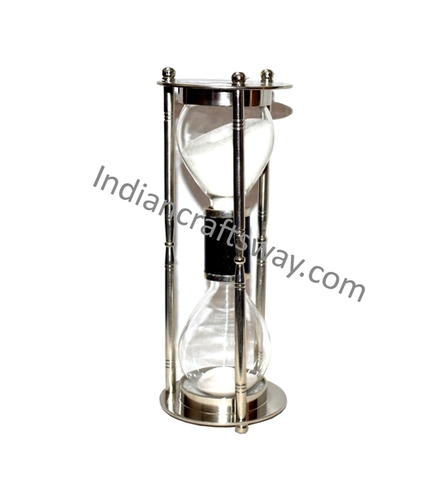 Silver And White Antique Brass Aluminum Sand Timer With Nickel Blk Leather