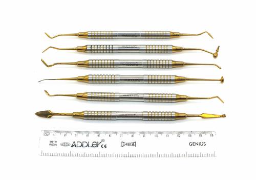 ADDLER Dental Premium Composite Non Stick GOLD Coated Hollow Light Weight No Slip, No Rust, 9 MM, Dia Handle Kit Of 6 Filling Instrument For Glass Ionomer Application.