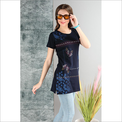 Printed Ladies Half Sleeves Long Top With Pocket Slits