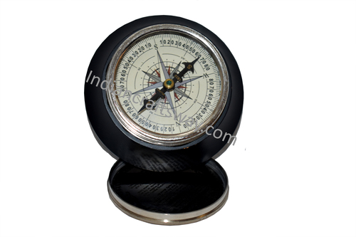 Antique Brass Table Top Compass With Wooden Base Blk/nkl