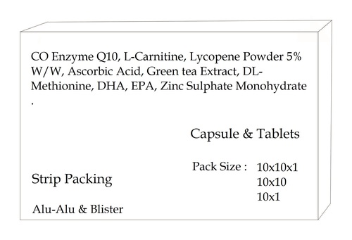 Co Enzyme Q10, L-Carnitine, Lycopene Powder 5% W/W, Ascorbic Acid, Green Tea Extract, Dl-Methionine, Dha, Epa, Zinc Sulphate Monohydrate . Health Supplements