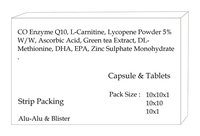 CO Enzyme Q10, L-Carnitine, Lycopene Powder 5% W/W, Ascorbic Acid, Green tea Extract, DL-Methionine, DHA, EPA, Zinc Sulphate Monohydrate .