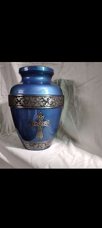 BLUE ENGRAVED BRASS CREMATION URN FUNERAL SUPPLIES