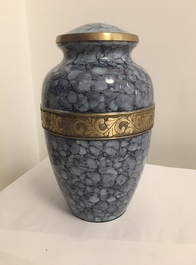 BLUE ENGRAVED BRASS CREMATION URN FUNERAL SUPPLIES