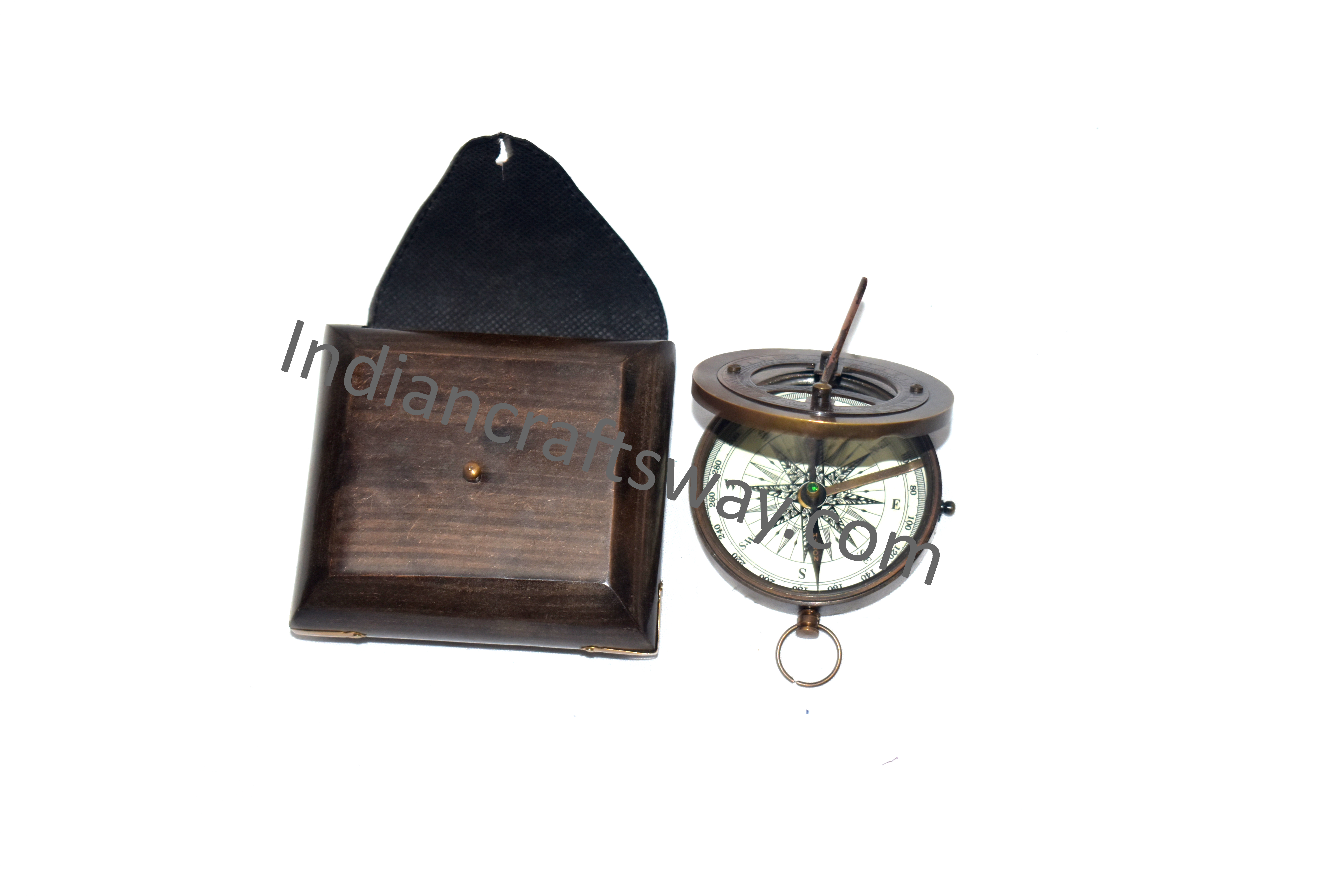 Antique Brass Sundial Compass With Wooden Box