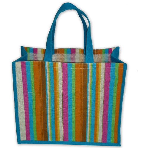 Multicolor Striped Print Self Handle Jute Tote Bag