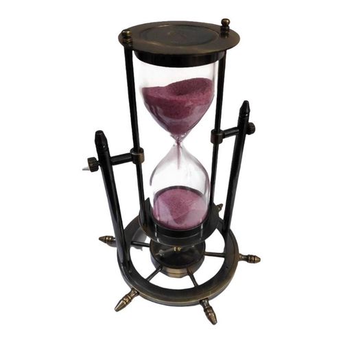 Antique Brass Nautical Hourglass Sand Timer with Functional Metal Ship Wheel Compass