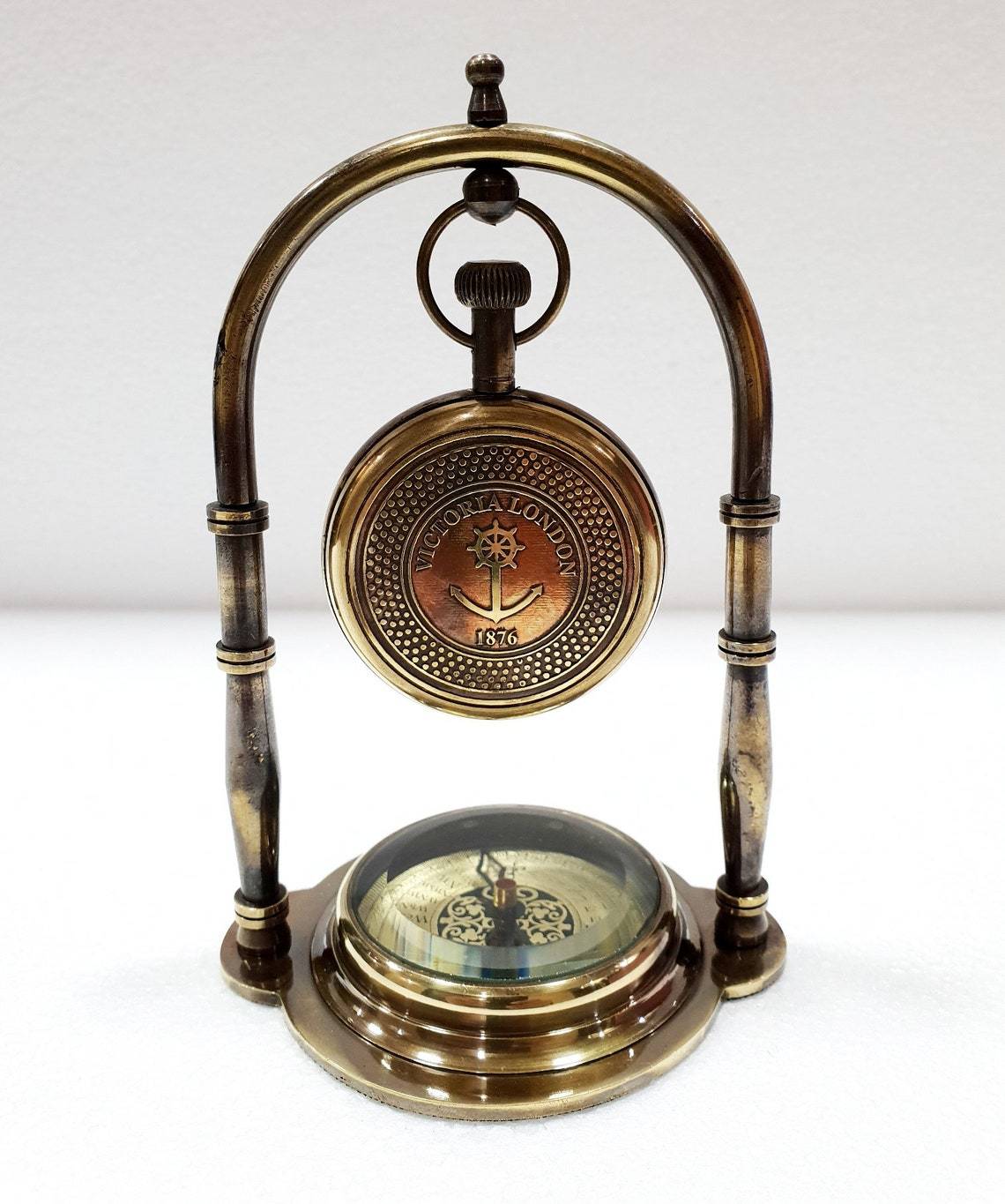 Antique Brass Table Clock Compass Style Nautical Maritime Ship Desk Clock Office Decor