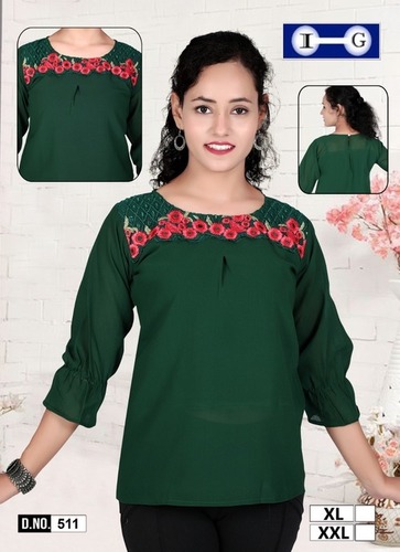 3/4th Sleeve Dark Green Top - Cotton Blend, XL-XXL | Embroidered, Stylish, Comfortable, Versatile