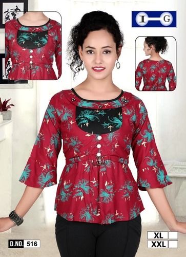 red floral top - Rayon, XL-XXL, Red, Three-Quarter Sleeves | Comfortable Fit, Stylish Floral Design