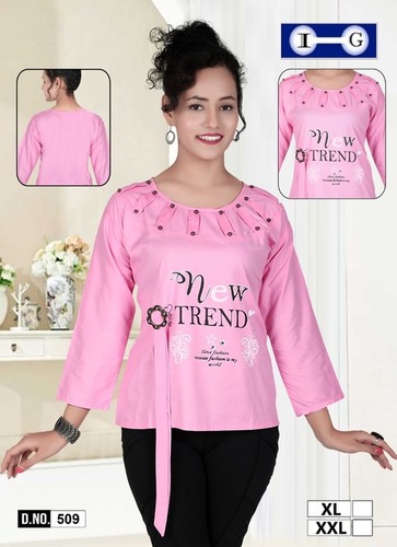 Women's Pink 3/4th Sleeve Top - Rayon, XL-XXL, Pink | Stylish Design, Comfortable Fit, Printed Pattern