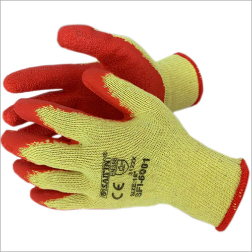 10G Cotton Liner With Latex Coating Orange On Yellow Gloves