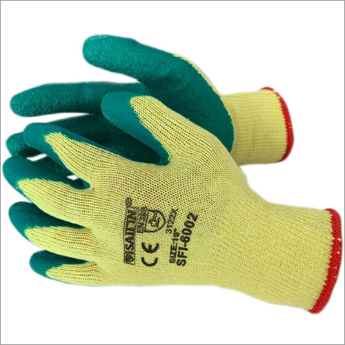10G Cotton Liner With Latex Coating Green On Yellow Gloves