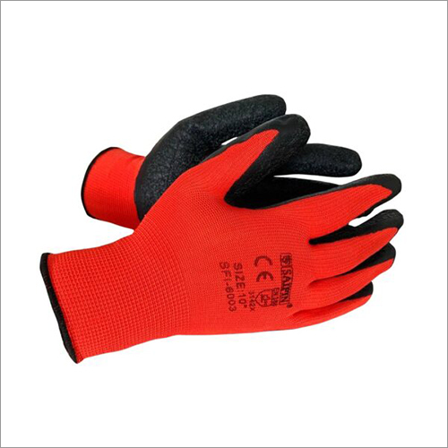 13G Polyester Liner With Latex Coating Black On Red Gloves
