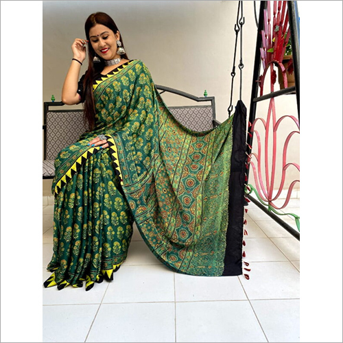 Ladies Green Ajrakh Saree