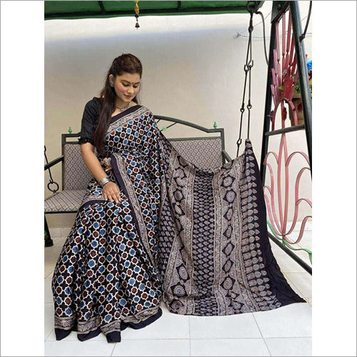 Any Color Ajrakh Ladies Black Booti Pattern Saree