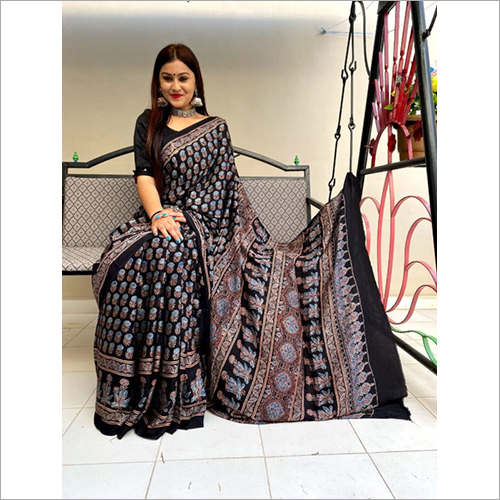 Ajrakh Ladies Black Designer Saree