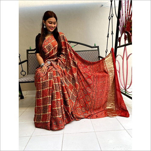 Any Color Ladies Gharchola Red Ajrakh Saree