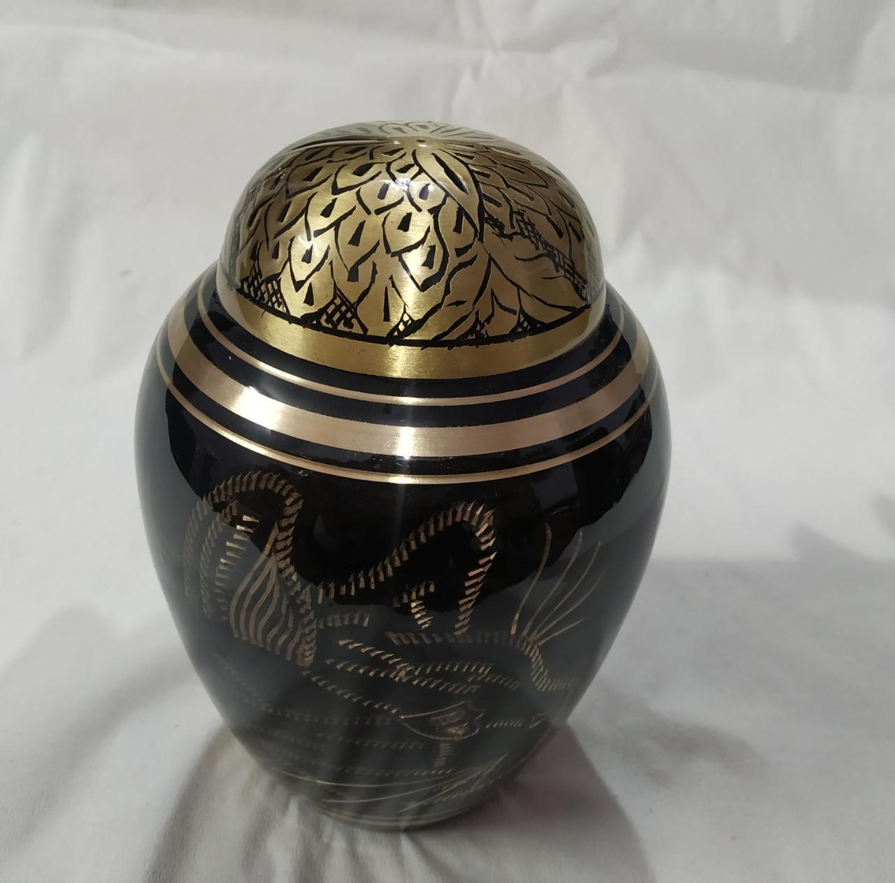 BRASS BLACK CAT FACED ENGRAVED CREMATION URN FUNERAL SUPPLIES