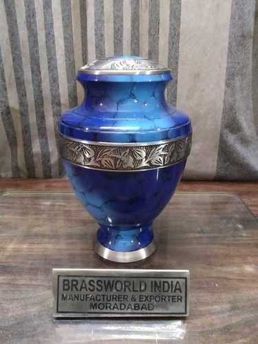 BRASS BLUE WITH SILVER ENGRAVED ADULT CREMATION URN FUNERAL SUPPLIES