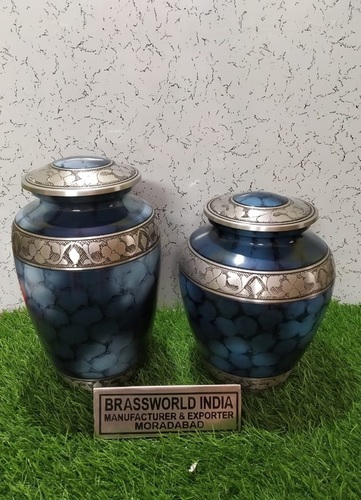 BRASS CLOUDED BLUE WITH SILVER LEAVES ENGRAVED ADULT CREMATION URN FUNERAL SUPPLIES