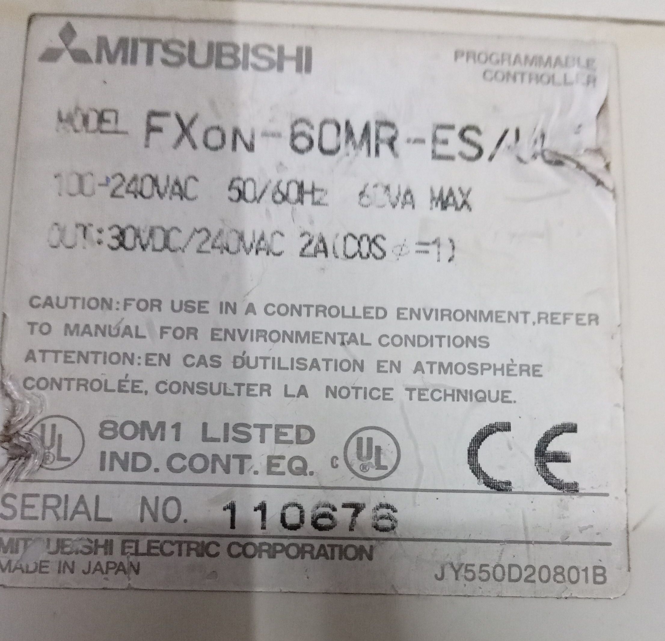 MITSUBISHI PROGRAMMABLE CONTROLLER FX0N-60MR-ES/UL