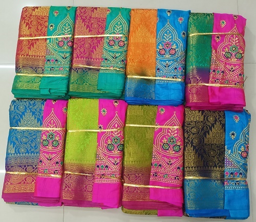 Multicolor Nylon Balaton Rich Pallu Saree With Embroidery And Stone Work Blouse