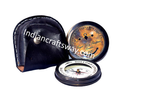 Antique Brass Pocket Compass With Leather Box Glass Print 2 Tone Finish - Color: Dark Brown