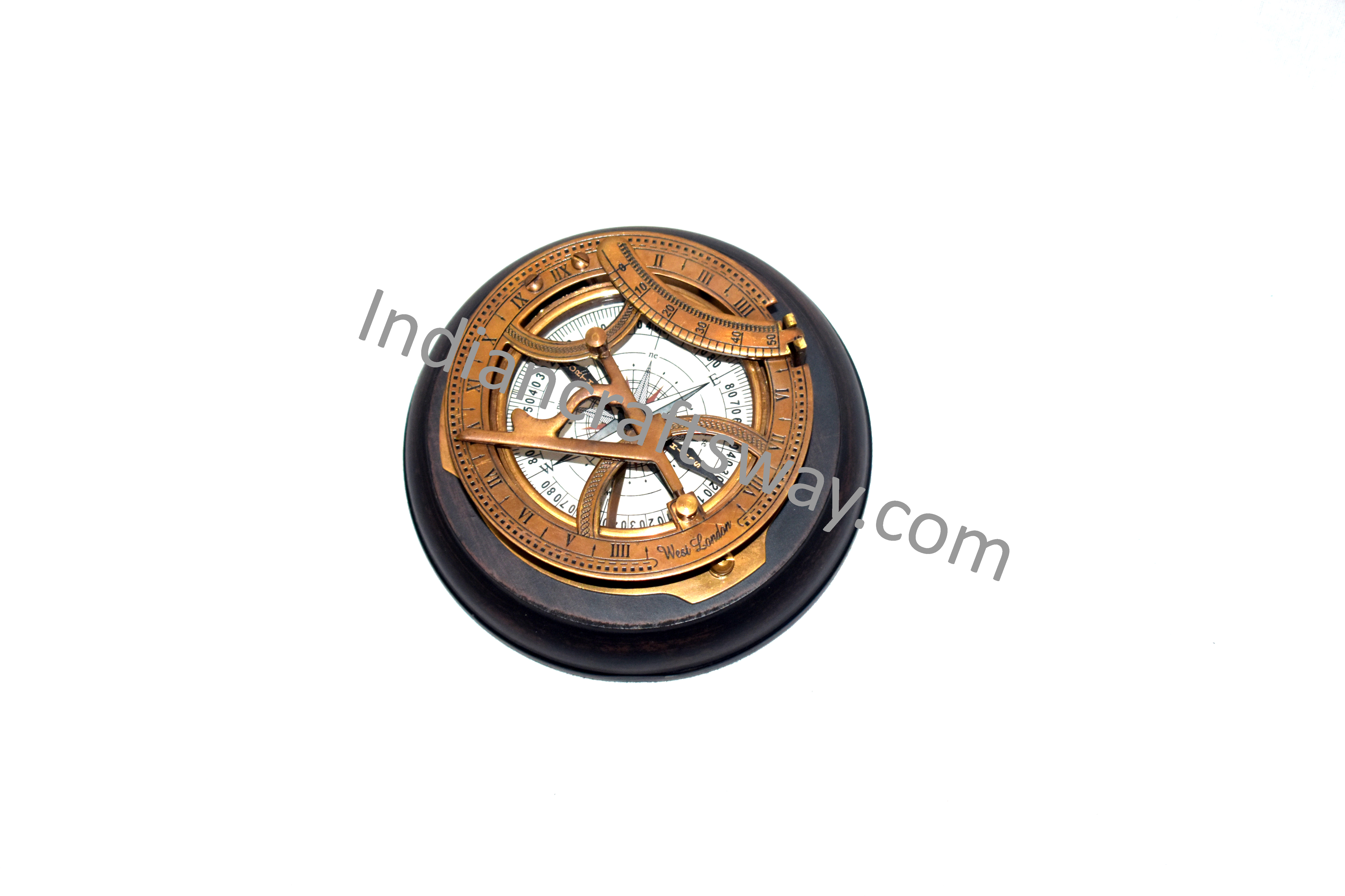 Antique Brass Sundial Compass With Wooden Box Ba Finish