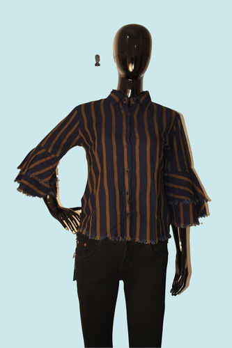 Cotton Deep Blue Strip Shirt With Bell Sleave