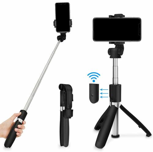 Black R1 3-In-1 Multifunctional Extendable Bluetooth Selfie Stick Tripod With Detachable Wireless Remote