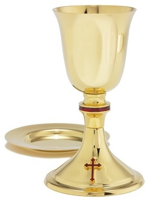 BRASS CHALICE WITH RED CROSS WITH PATEN CHURCH SUPPLIES