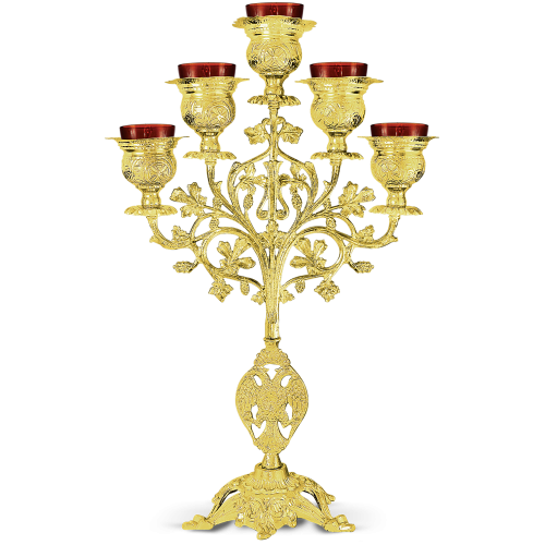 BRASS FIVE ARM RED NEW STYLE CANDLE HOLDER CHURCH SUPPLIES