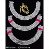 6 Line Round D Silver Anklets